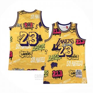 Camiseta Los Angeles Lakers LeBron James #23 Slap Sticker Mitchell & Ness 2018-19 Amarillo