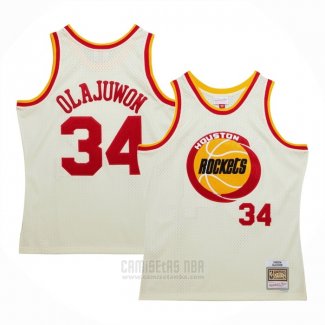 Camiseta Houston Rockets Hakeem Olajuwon #32 Mitchell & Ness Chainstitch Crema